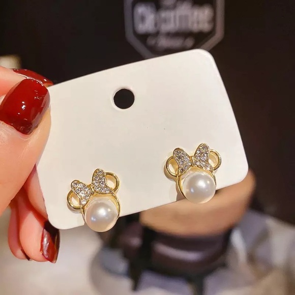 "Love You For Ears & Ears" Minnie Mouse Disney Gold Diamond Pearl Cute Earrings - Picture 7 of 8